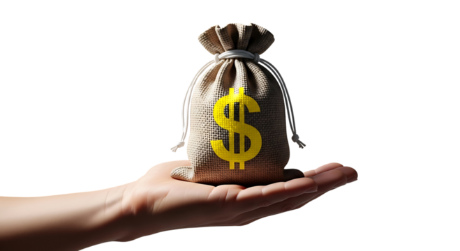 Hand holding a small burlap money bag with a dollar sign isolated on transparent background