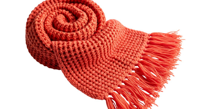 Rolled up orange knitted scarf with fringe isolated on transparent background