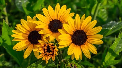 Fototapeta premium Fresh sunflowers grow among bright green leaves.