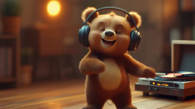 A cute bear is dancing while listening to a song with a headset on.
