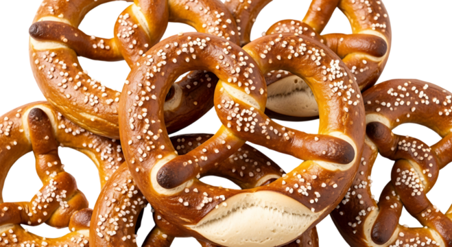 A pile of freshly baked pretzels with coarse salt, isolated on transparent background - Powered by Adobe