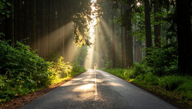 A paved road leads into a sun-dappled forest with tall trees