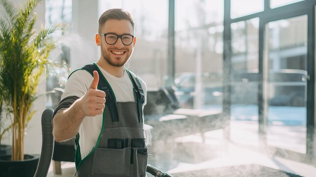 man with cleaning equipment giving thumbs up. Smiling Professional Cleaner Wearing Uniform Giving Thumbs Up While Using Industrial Steam Cleaning Equipment in Bright Modern Building Interior.