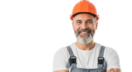 Portrait of a smiling construction worker with a beard wearing an orange hard hat and overalls, isolated on transparent background