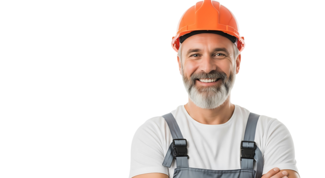 Portrait of a smiling construction worker with a beard wearing an orange hard hat and overalls, isolated on transparent background - Powered by Adobe
