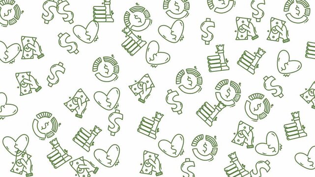 Pattern finance doodle with money hearts, chess pieces, and graphs ideal for financial blogs, presentations, and design projects. Great for financethemed products.