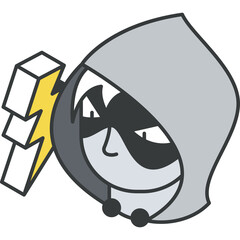 Isometric cartoon character with grey hooded cloak holding yellow lightning bolt graphic element against transparent background detailed vector illustration