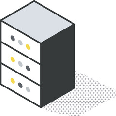 Isometric Digital Server Rack With Three Drawers And Circular Indicators In Gray White And Yellow Colors With Shadow On Transparent Background