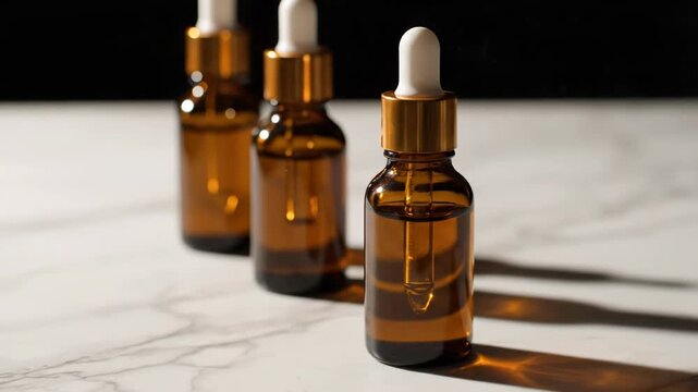 Three amber glass dropper bottles with gold caps lined up on a marble surface, showcasing cosmetic serum or essential oil vector illustration