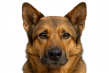 German shepherd dog head and face portrait. Loyal pet on a transparent background, looking at the camera