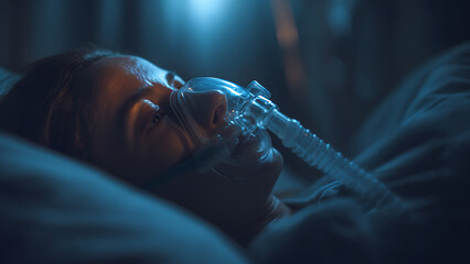 Close-up of female patient wearing oxygen mask in dimly lit hospital bed, receiving critical medical care
