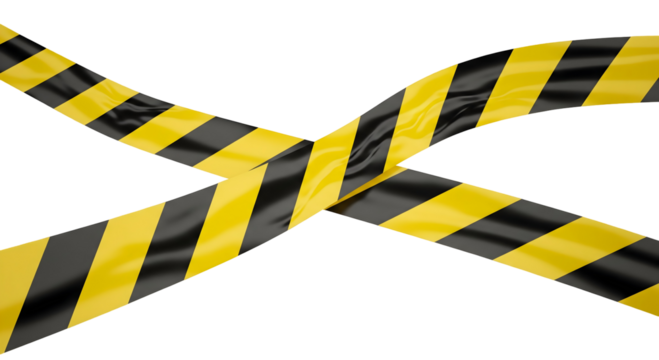 Yellow and black striped caution tape, crisscrossing against a background. This image evokes a sense of warning and danger, isolated on transparent background