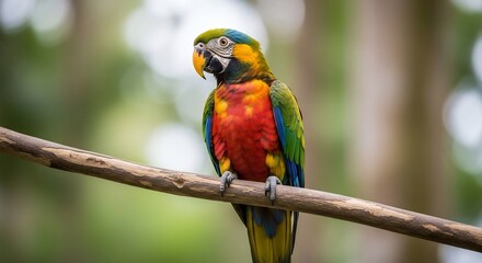 Parrot perched on branch Brightly colored bird with striking plumage facing right gazing Foliage background