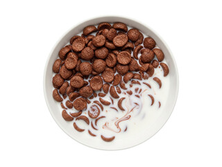 Chocolate cereal and milk creating swirl pattern in bowl