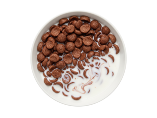 Chocolate cereal and milk creating swirl pattern in bowl