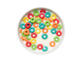Bright multicolored cereal loops on white plate