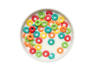 Bright multicolored cereal loops on white plate