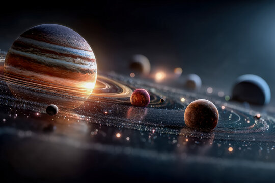Artistic depiction of a distant solar system with various planets orbiting a luminous star