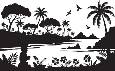 Tropical island landscape silhouette with lush trees palm trees mountains and ancient tiki statue