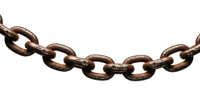 Rusty metal chain links forming a curve isolated on transparent background
