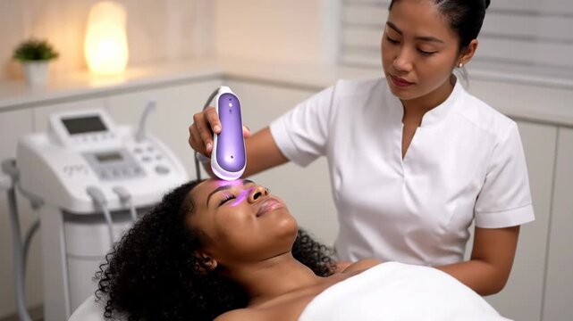 Beautician performing a facial treatment with a device on a young woman in a modern salon vector illustration