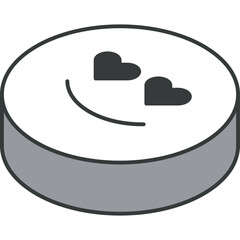 Isometric icon of a smiling face with heart eyes on a white circular object with gray sides isolated on a transparent background representing love and happiness in digital communication