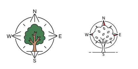 Vector Compass Rose Tree Icons with North South East West Symbols