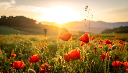 A radiant sunset bathes a field of vibrant red flowers in golden light