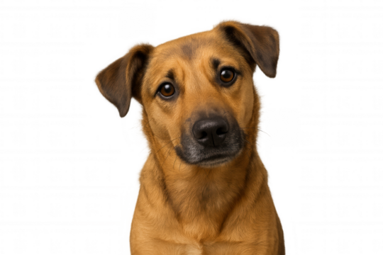 Brown dog tilting head, showing curiosity and attention, a friendly pet isolated with transparent background