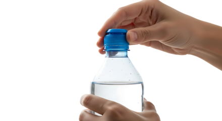 Hand opening a blue cap on a clear plastic water bottle isolated on transparent background