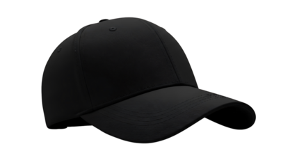 Plain black baseball cap with a curved brim isolated on transparent background