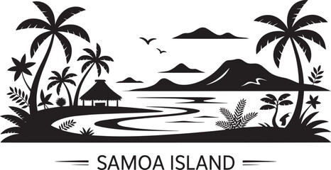 Samoa Island tropical beach landscape silhouette with palm trees hut mountains birds ocean