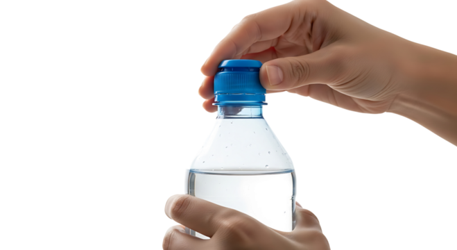 Hand opening a blue cap on a clear plastic water bottle isolated on transparent background