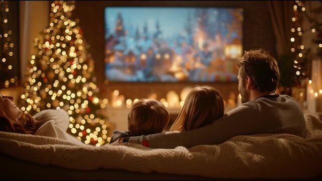 Festive Family Time: A family cozies up on the couch, captivated by a warm holiday scene on the TV, with Christmas tree glowing in the background.