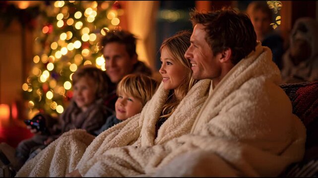 Cozy Christmas Moments: A family gathers, wrapped in a warm blanket, basking in the glow of a twinkling Christmas tree, embracing the spirit of togetherness. 