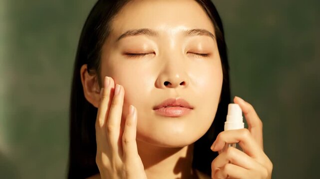 Closeup of a young asian woman applying facial mist spray for hydration and skincare vector illustration
