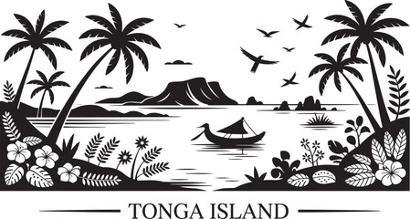 Tonga Island Tropical Landscape Silhouette Vector Ocean Scene with Palm Trees and Traditional Boat