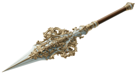 Ornate spear with gold embellishments and wooden shaft, elegant design