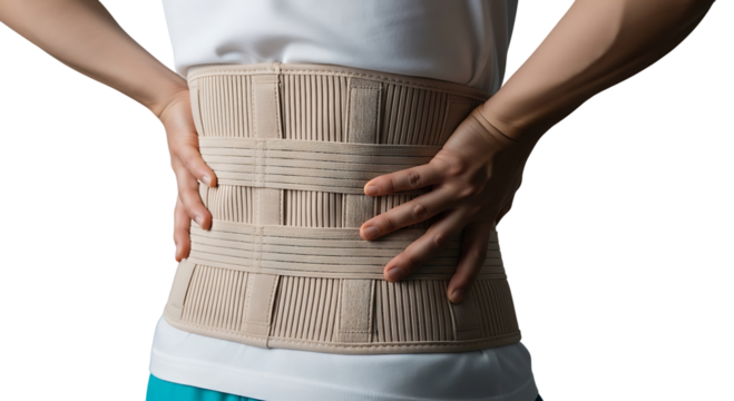 Person wearing a back brace for support isolated on transparent background - Powered by Adobe