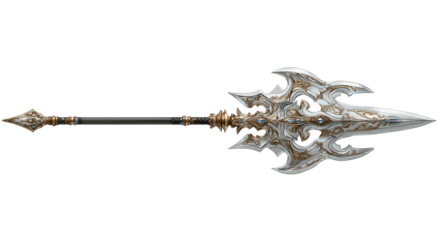 Ornate spear featuring a complex, light-colored blade and dark, thin shaft