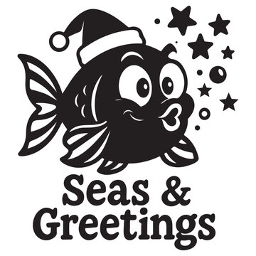 Cute festive fish wearing Santa hat with bubbles and stars, perfect for holiday humor lovers and Christmas pun fans.