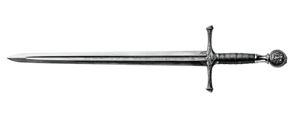 Detailed steel sword with ornate handle and blade, horizontal