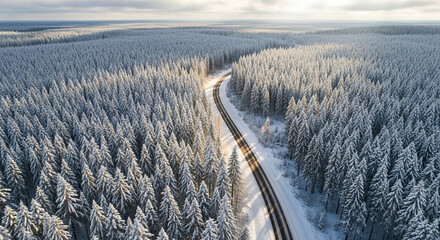 Aerial view of a road cutting through a snowcovered forest on a sunny winter day, creating a serene and picturesque landscape in finland