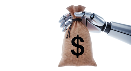 Robot hand holding a money bag with a dollar sign isolated on transparent background