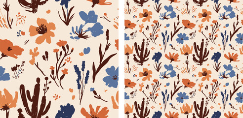 Desert Wildflowers Seamless Pattern – Southwestern Floral Vector with Cactus and Rustic Bloom Motifs
