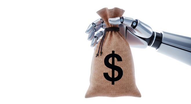 Robot hand holding a money bag with a dollar sign isolated on transparent background