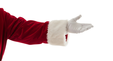 Santas hand in a white glove offering something, isolated on transparent background