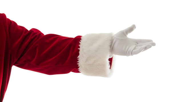 Santas hand in a white glove offering something, isolated on transparent background