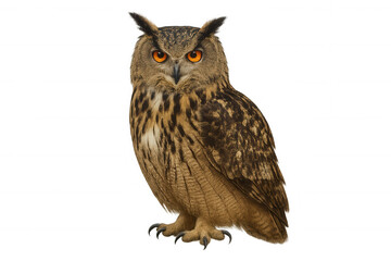 Fototapeta premium Eurasian eagle-owl standing looking at foreground, bubo bubo predator bird with orange eyes on transparent background