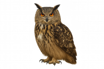 Eurasian eagle-owl standing looking at foreground, bubo bubo predator bird with orange eyes on transparent background